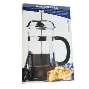 Arcosteel Coffee French Press Glass and Silver 8 Cup with Coaster DH638